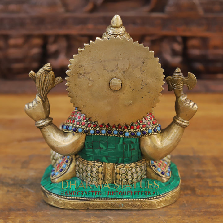 Brass Ganesh Idol, Seated, Golden and Stone work 9"