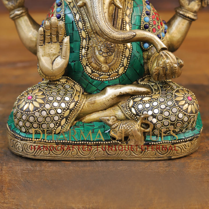 Brass Ganesh Idol, Seated, Golden and Stone work 9"