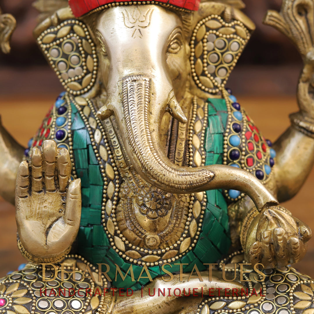 Brass Ganesh Idol, Seated, Golden and Stone work 9"