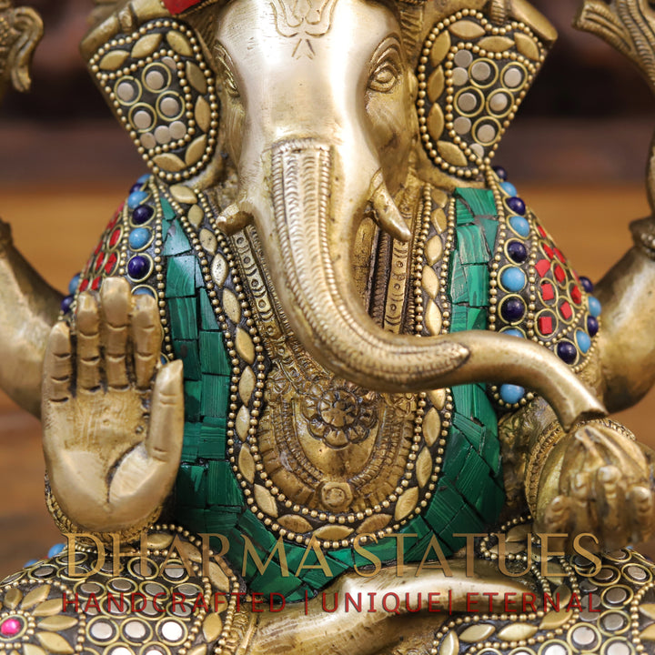 Brass Ganesh Idol, Seated, Golden and Stone work 9"