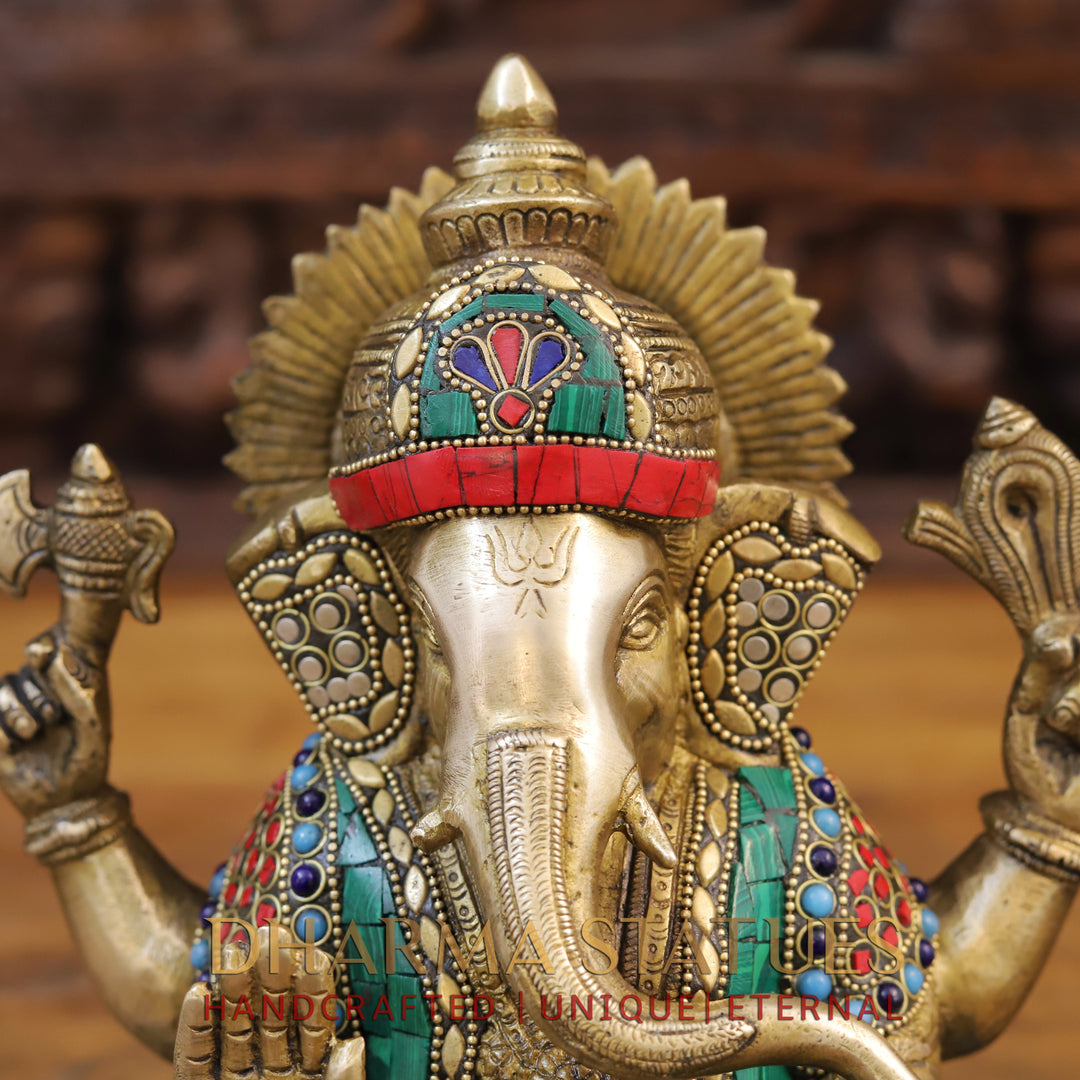 Brass Ganesh Idol, Seated, Golden and Stone work 9"