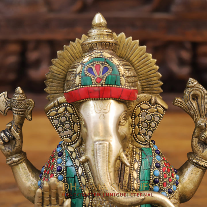 Brass Ganesh Idol, Seated, Golden and Stone work 9"