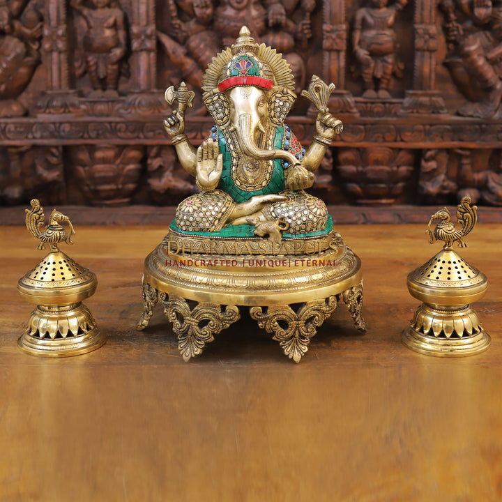 Brass Ganesh Idol, Seated, Golden and Stone work 9"