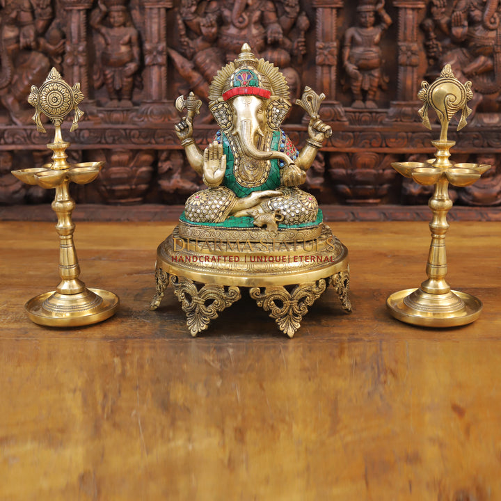 Brass Ganesh Idol, Seated, Golden and Stone work 9"