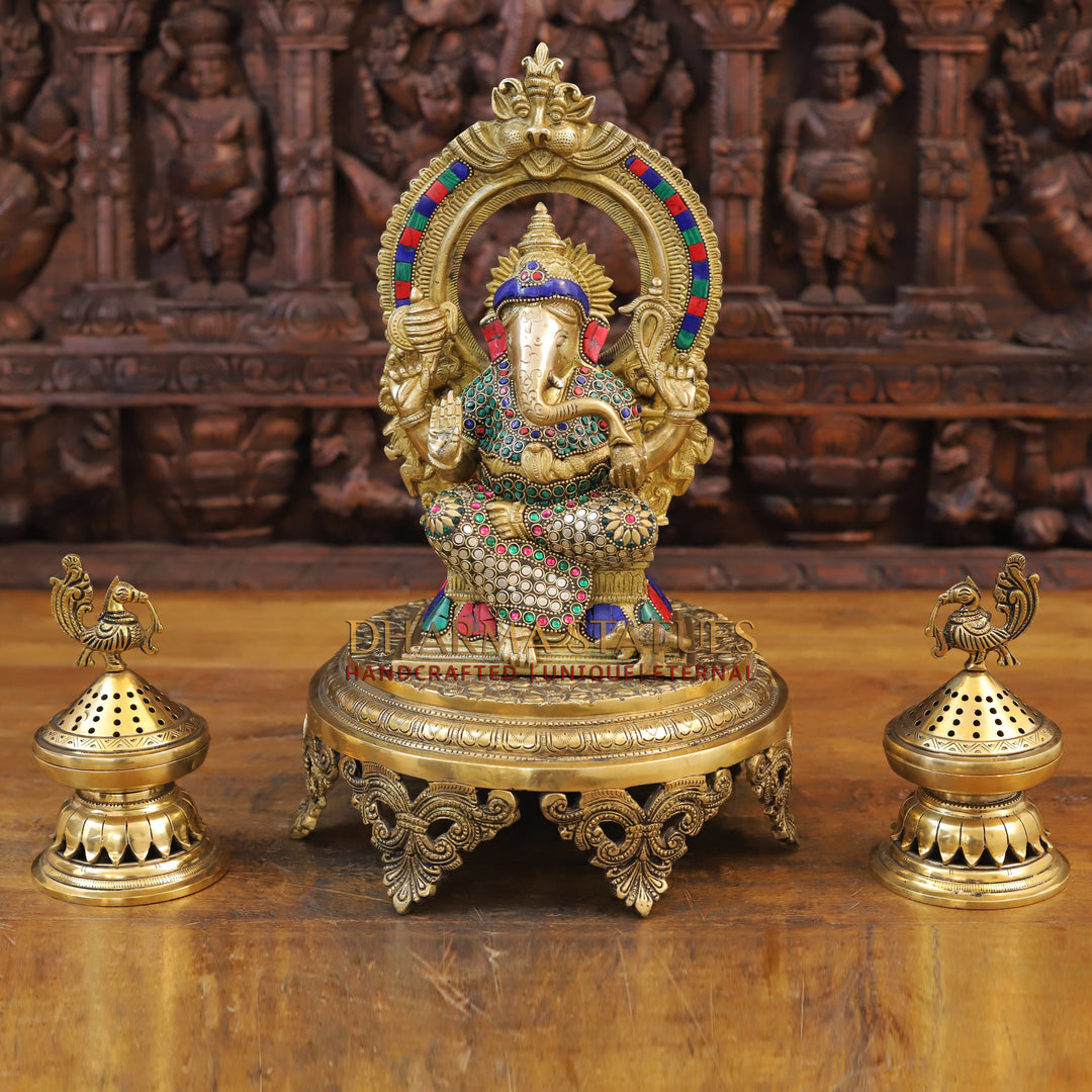 Brass Ganesh Seated with Frame Golden & Stone Work 12"