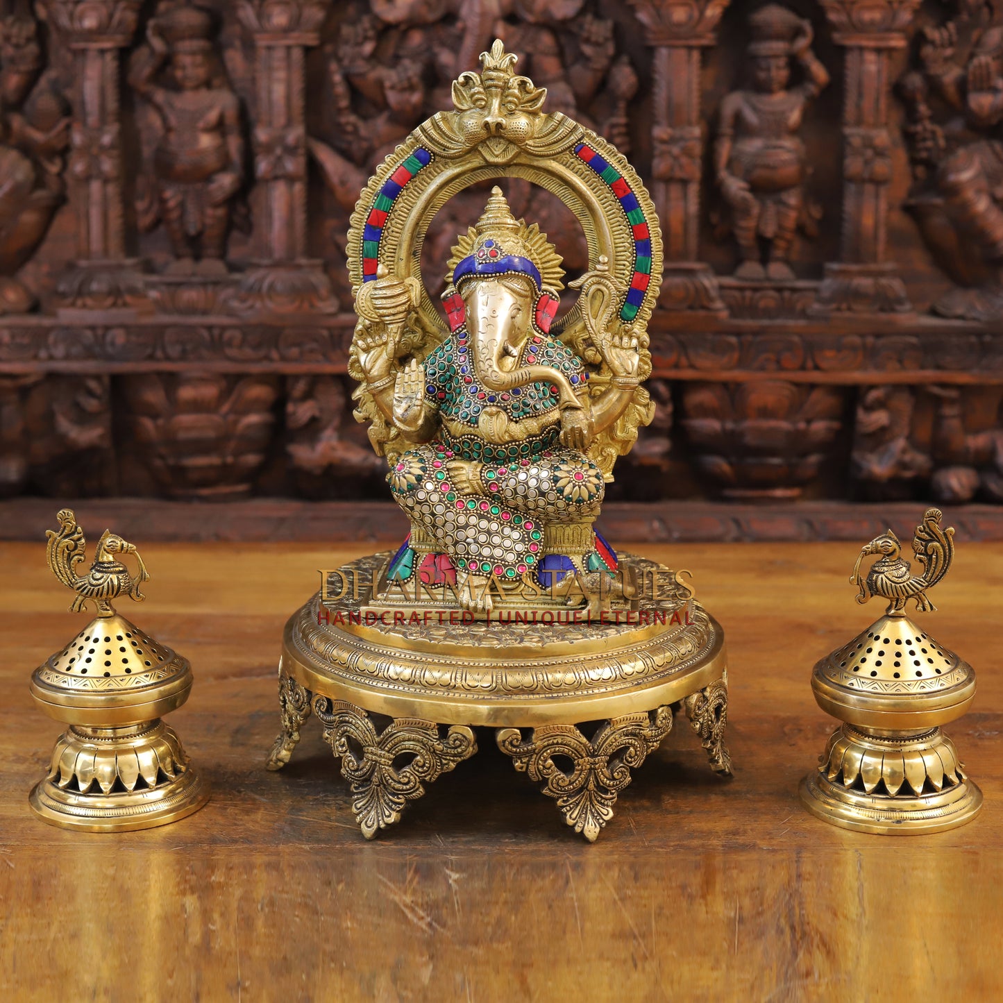 Brass Ganesh Seated with Frame Golden & Stone Work 12"
