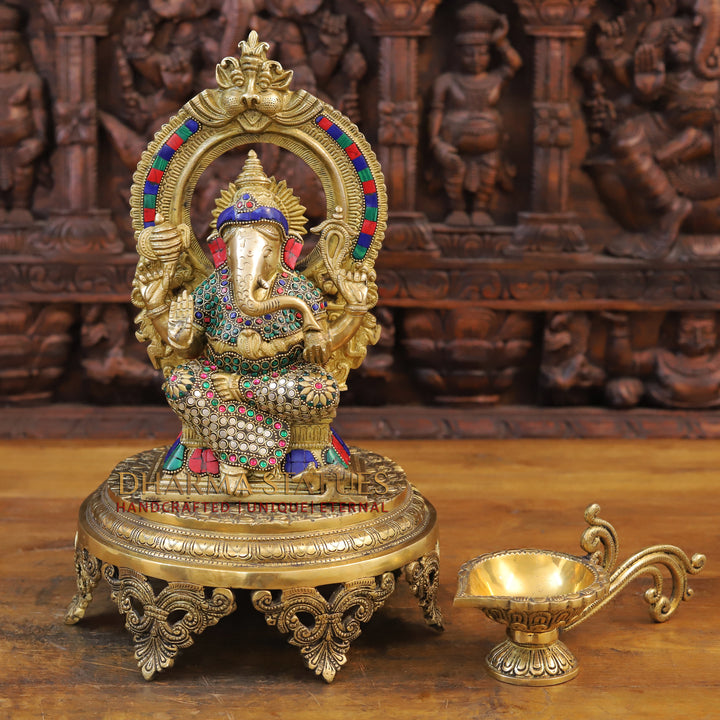 Brass Ganesh Seated with Frame Golden & Stone Work 12"