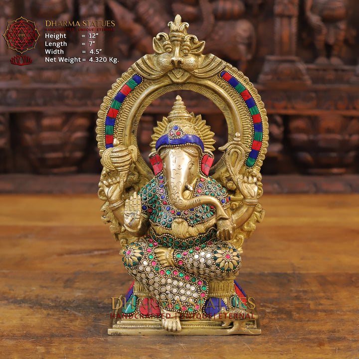 Brass Ganesh Seated with Frame Golden & Stone Work 12"