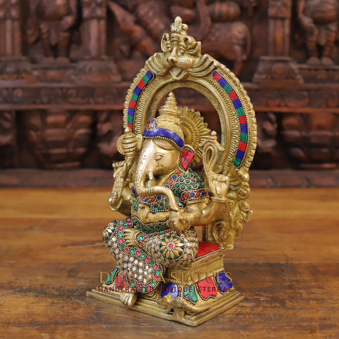 Brass Ganesh Seated with Frame Golden & Stone Work 12"