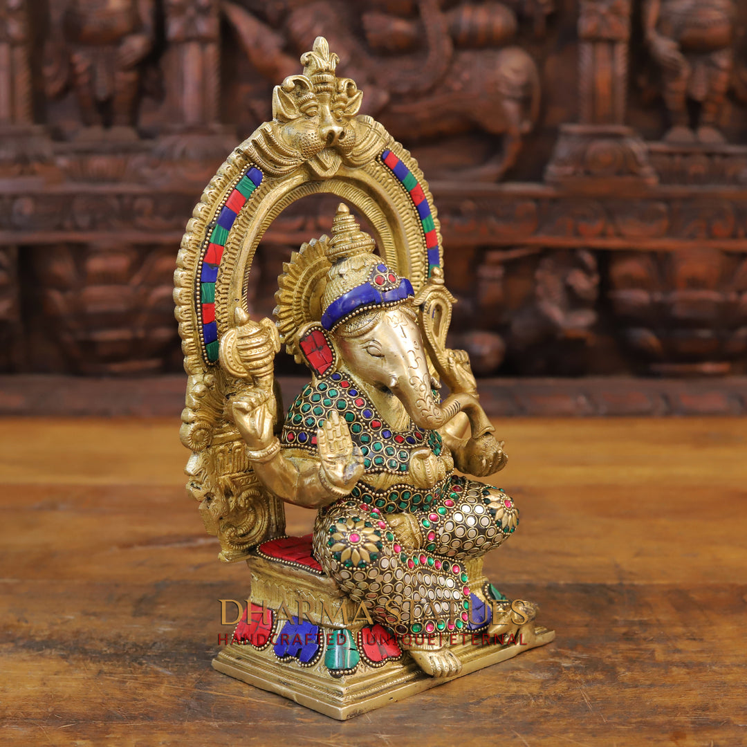 Brass Ganesh Seated with Frame Golden & Stone Work 12"