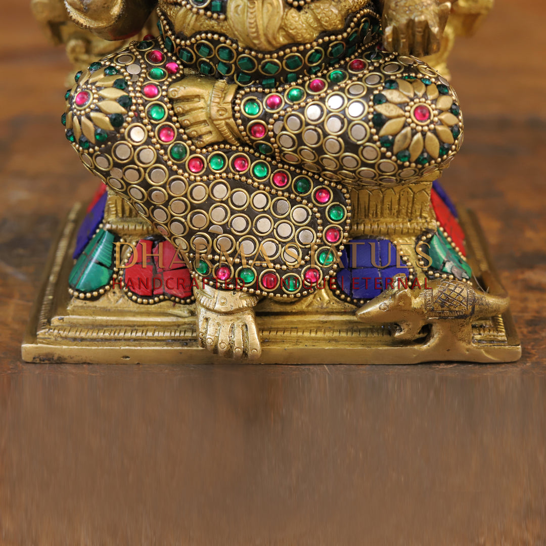 Brass Ganesh Seated with Frame Golden & Stone Work 12"