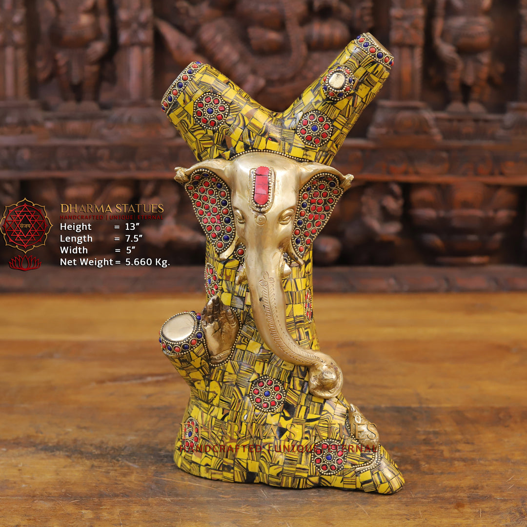 Brass Tree Ganesh Idol, Fine Golden and Stone Work 13" Front View