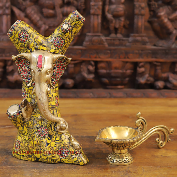 Brass Tree Ganesh Idol, Fine Golden and Stone Work 13"