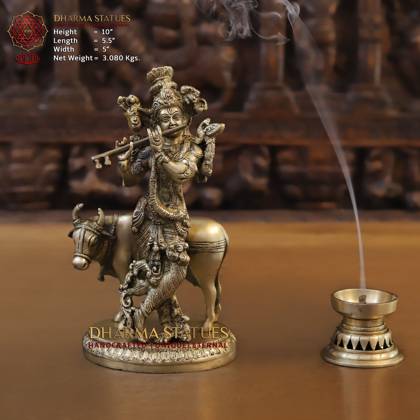 Brass Krishna Playing Flute with Nandi Cow on a Base, Gold Finish, 10"
