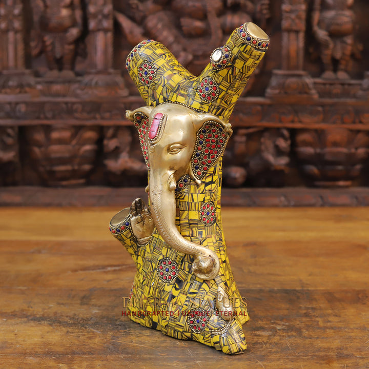 Brass Tree Ganesh Idol, Fine Golden and Stone Work 13"