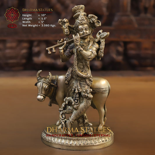 Brass Krishna Playing Flute with Nandi Cow on a Base, Gold Finish, 10"