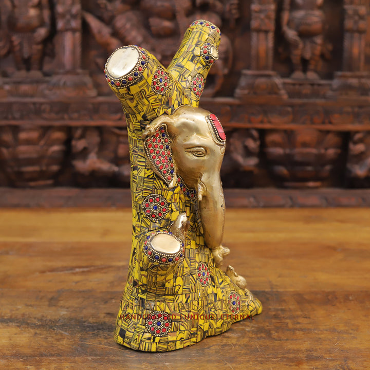 Brass Tree Ganesh Idol, Fine Golden and Stone Work 13"