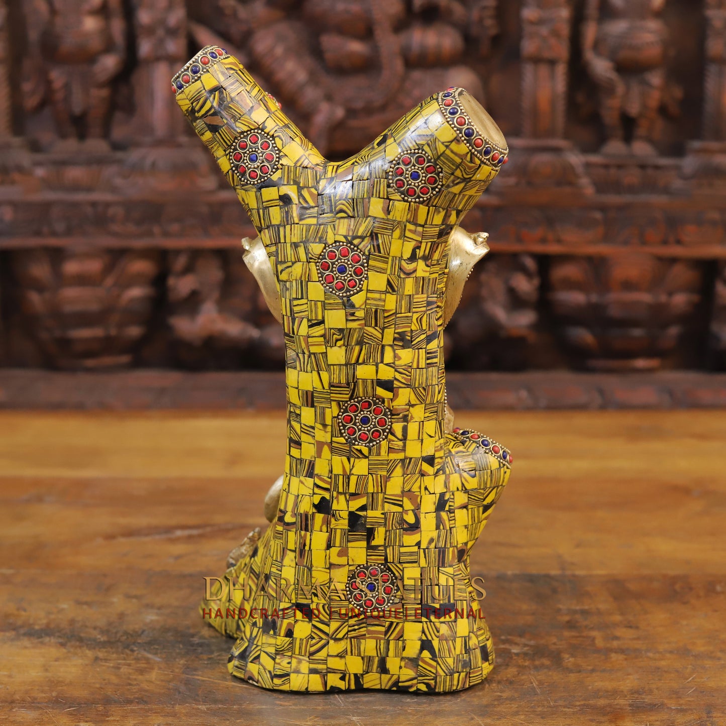 Brass Tree Ganesh Idol, Fine Golden and Stone Work 13"