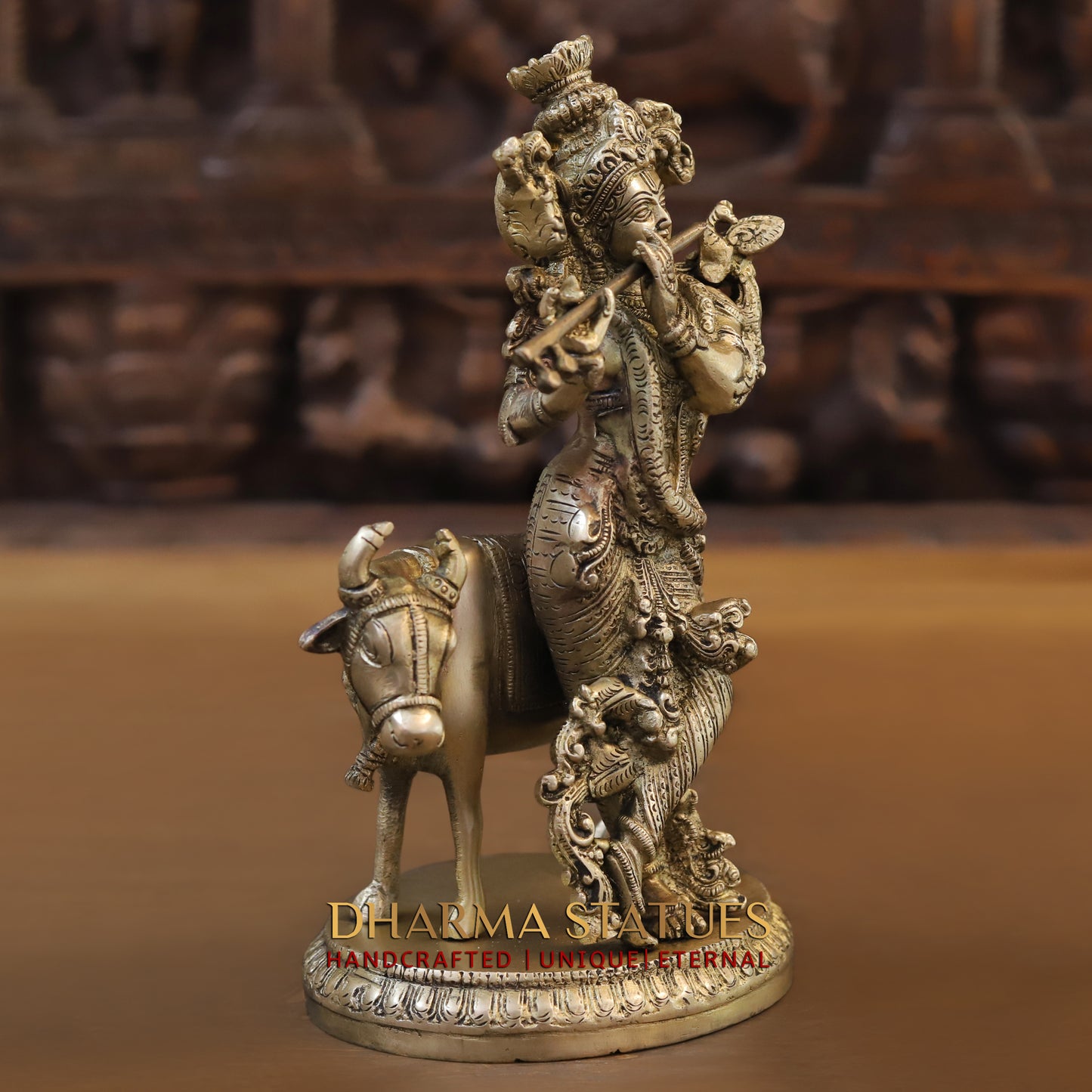Brass Krishna Playing Flute with Nandi Cow on a Base, Gold Finish, 10"