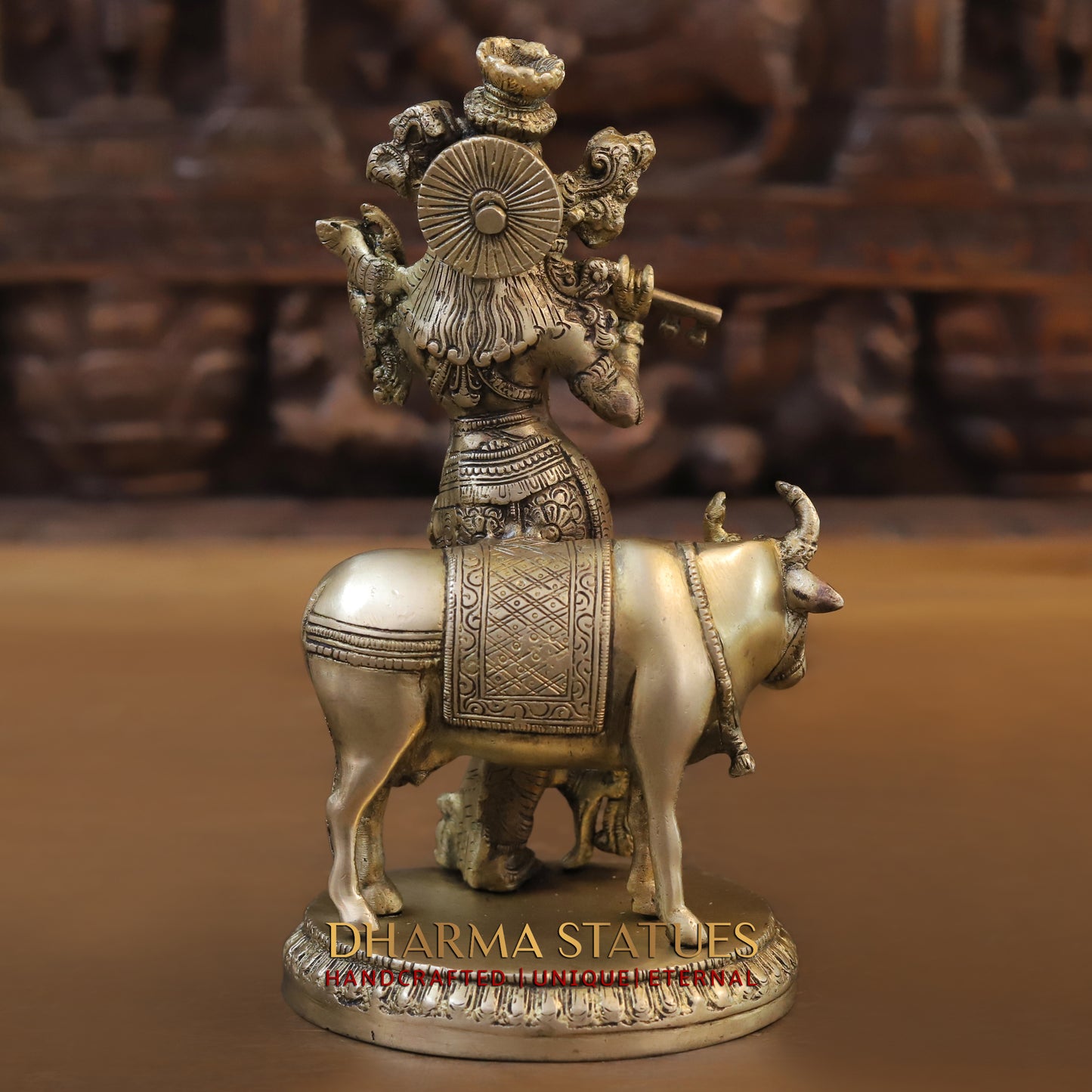Brass Krishna Playing Flute with Nandi Cow on a Base, Gold Finish, 10"