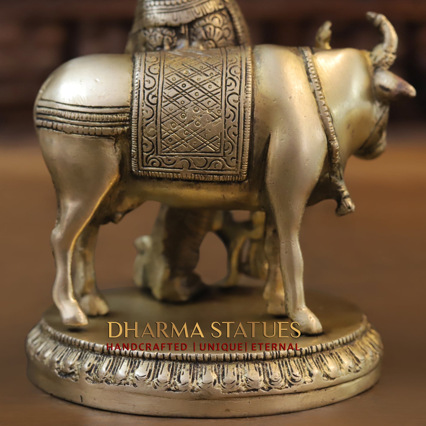 Brass Krishna Playing Flute with Nandi Cow on a Base, Gold Finish, 10"