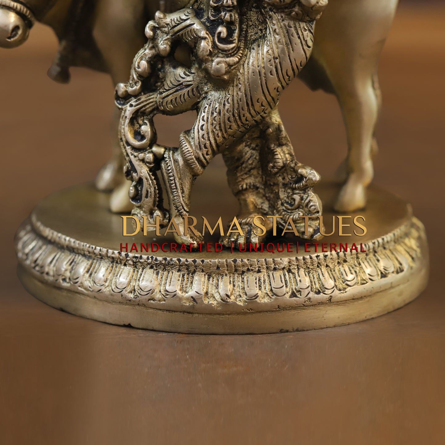 Brass Krishna Playing Flute with Nandi Cow on a Base, Gold Finish, 10"
