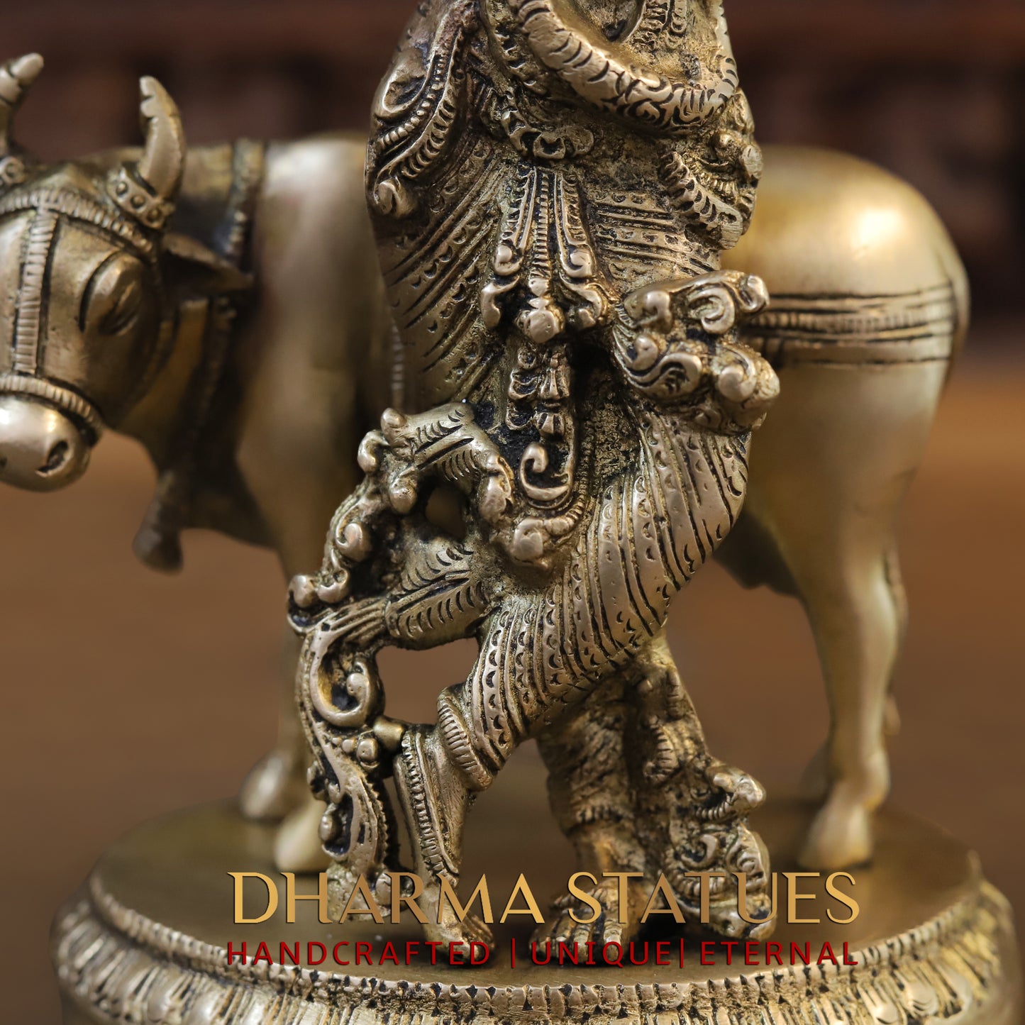 Brass Krishna Playing Flute with Nandi Cow on a Base, Gold Finish, 10"