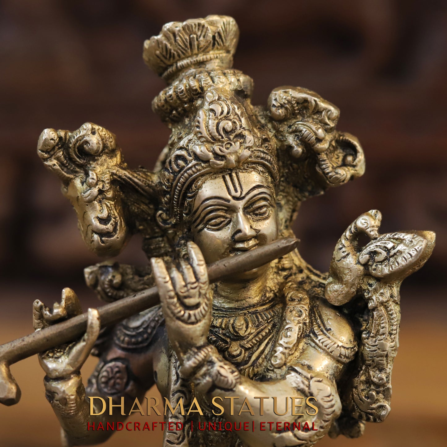 Brass Krishna Playing Flute with Nandi Cow on a Base, Gold Finish, 10"