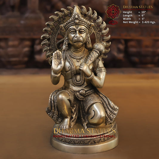 Brass Hanuman Statue, Seated in a Blessing Posture, Golden Finish, 10"