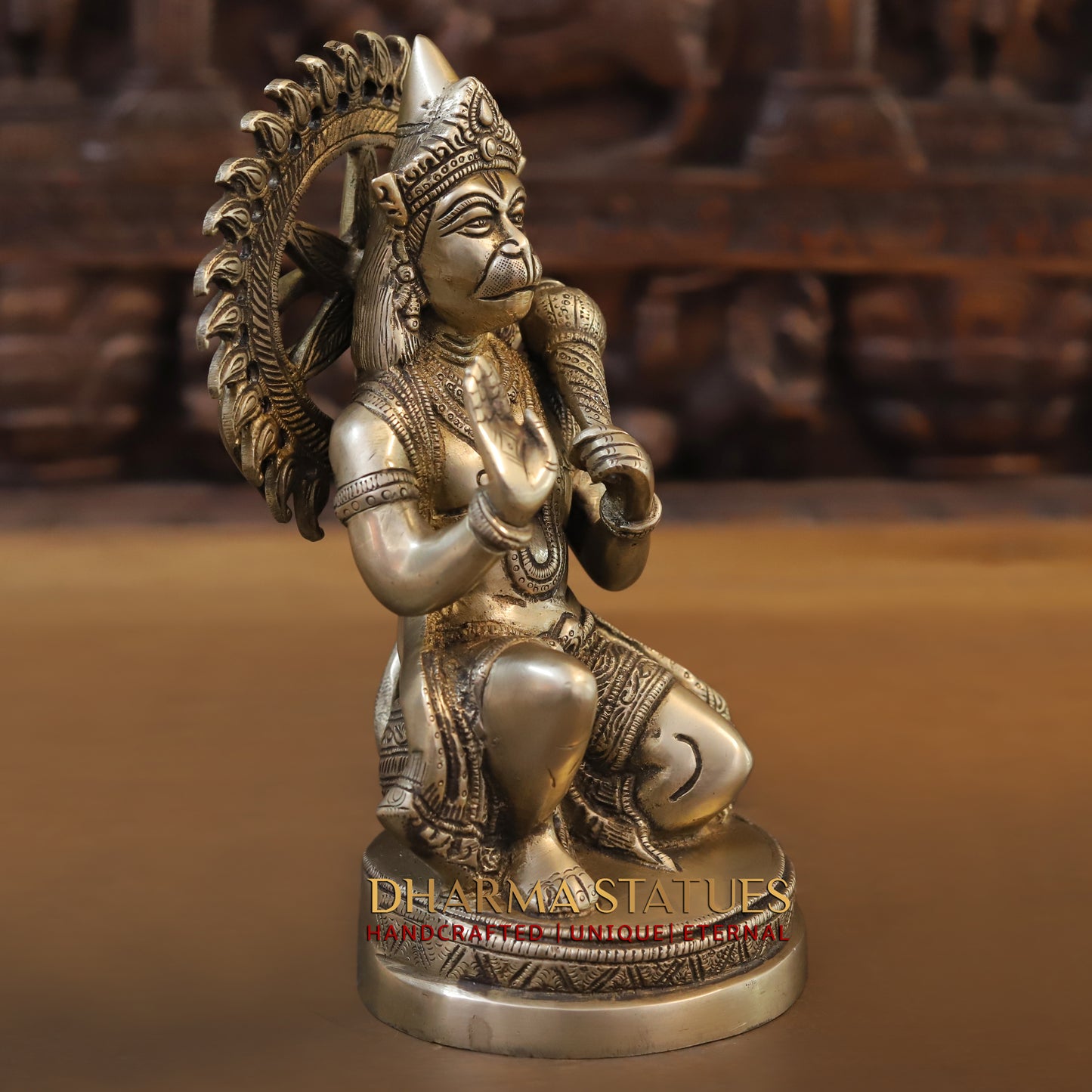 Brass Hanuman Statue, Seated in a Blessing Posture, Golden Finish, 10"