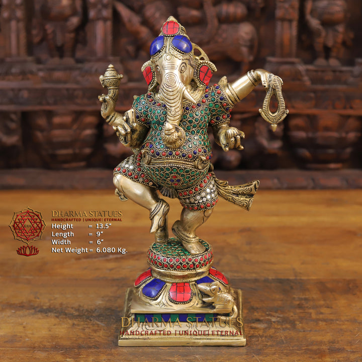 Brass Ganesh Dancing ,Golden & Stone work 13.5"