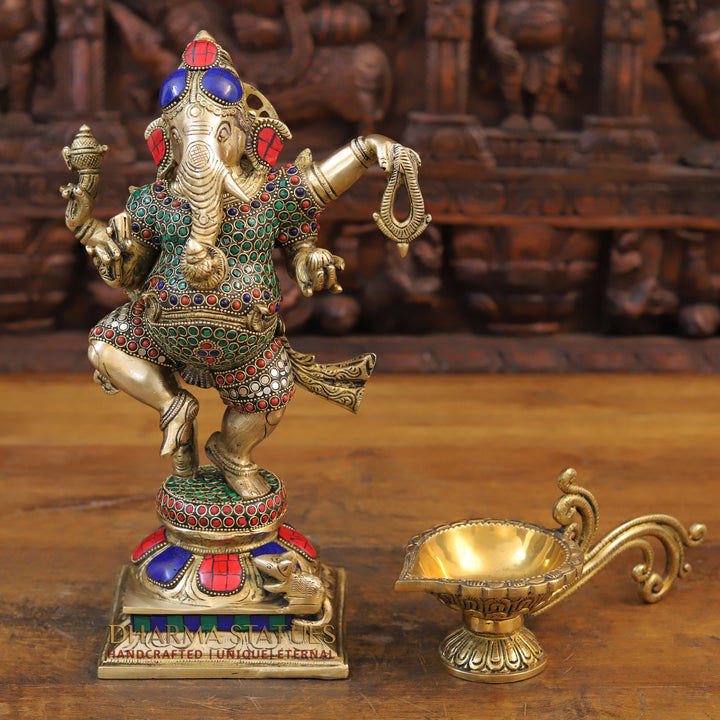 Brass Ganesh Dancing ,Golden & Stone work 13.5"