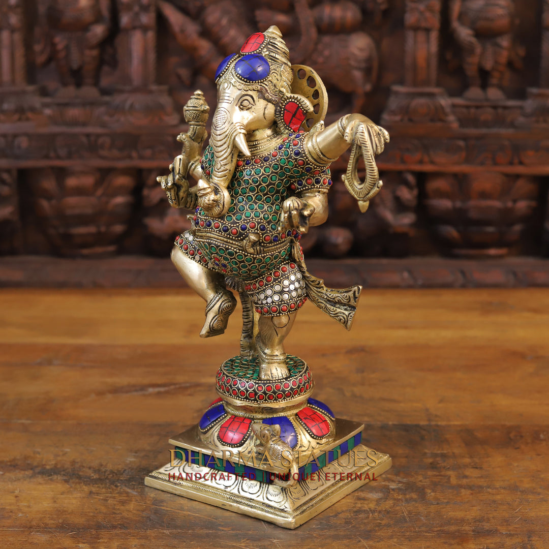 Brass Ganesh Dancing ,Golden & Stone work 13.5"