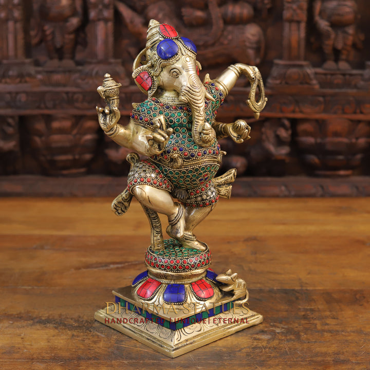 Brass Ganesh Dancing ,Golden & Stone work 13.5"