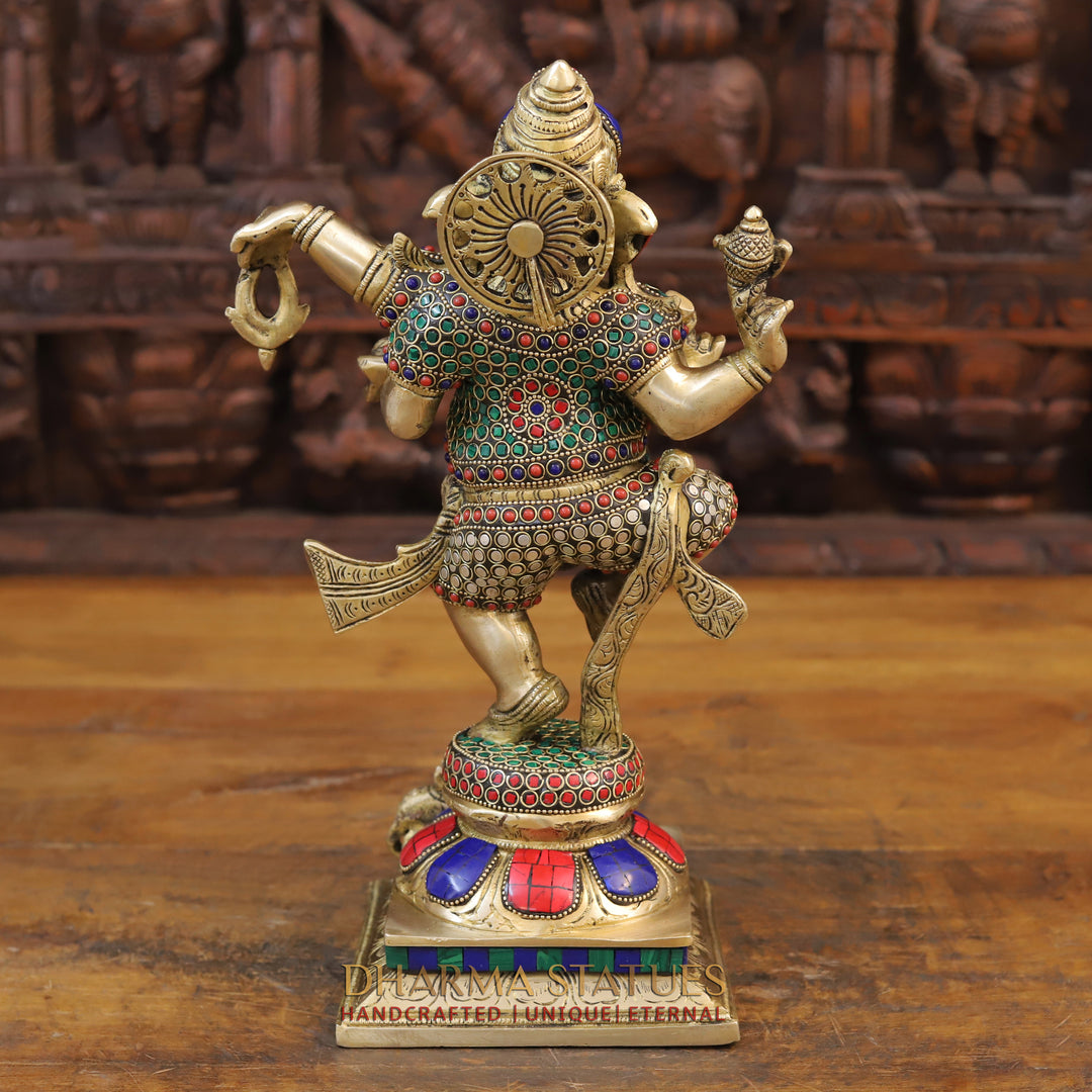 Brass Ganesh Dancing ,Golden & Stone work 13.5"