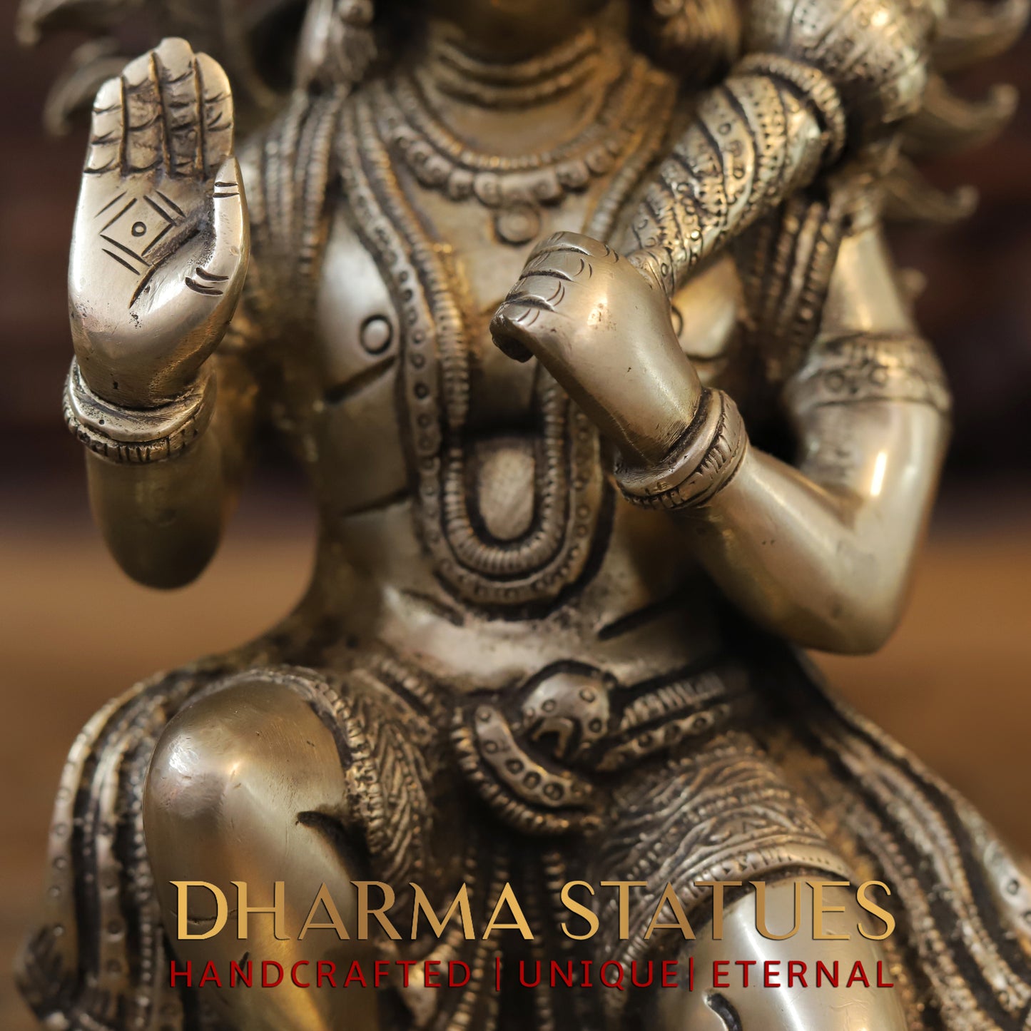 Brass Hanuman Statue, Seated in a Blessing Posture, Golden Finish, 10"
