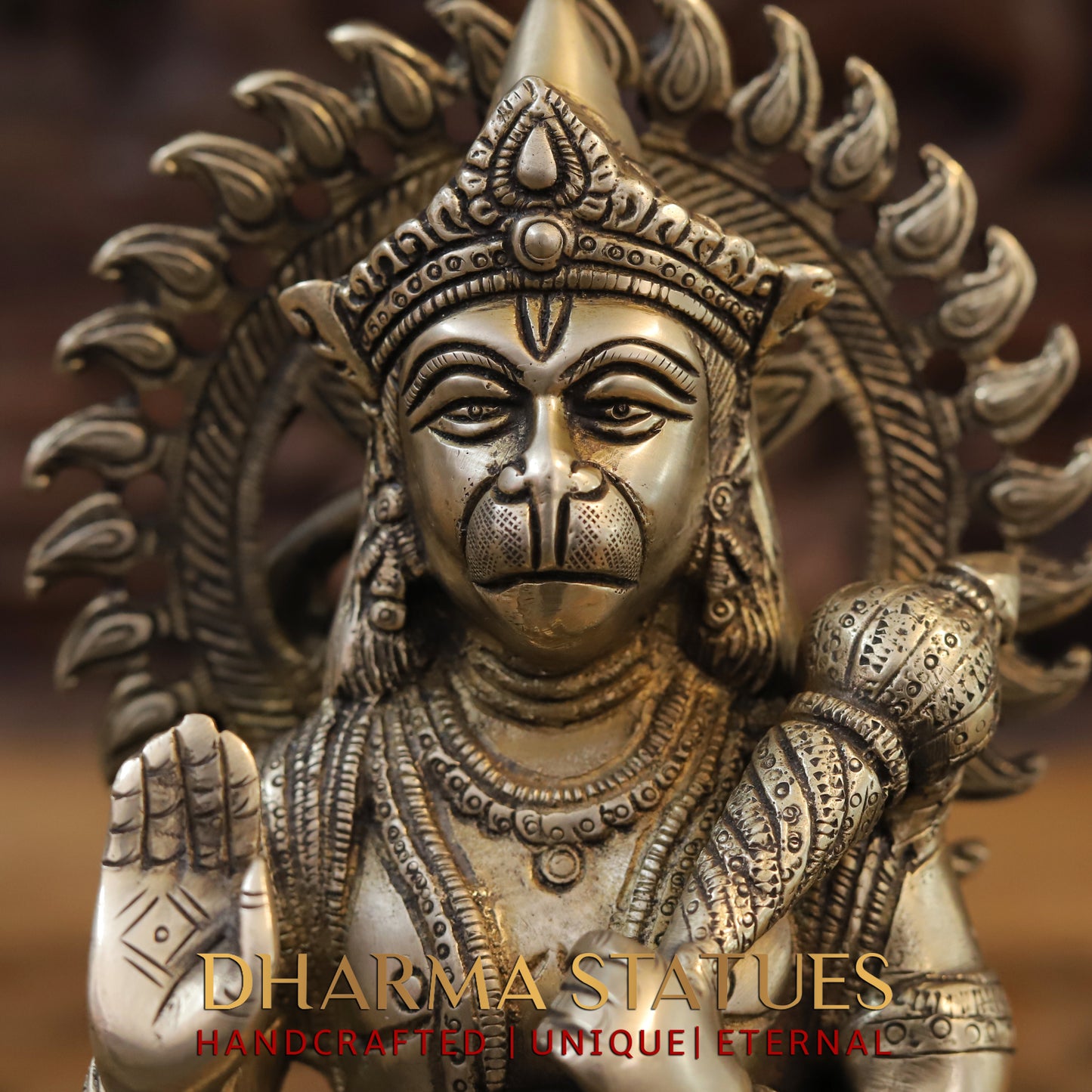 Brass Hanuman Statue, Seated in a Blessing Posture, Golden Finish, 10"