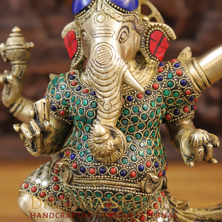 Brass Ganesh Dancing ,Golden & Stone work 13.5"