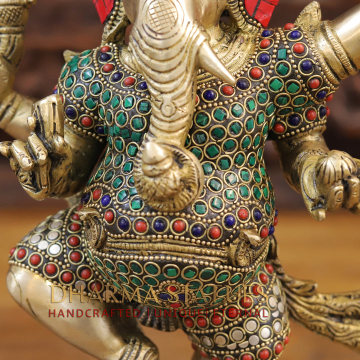 Brass Ganesh Dancing ,Golden & Stone work 13.5"