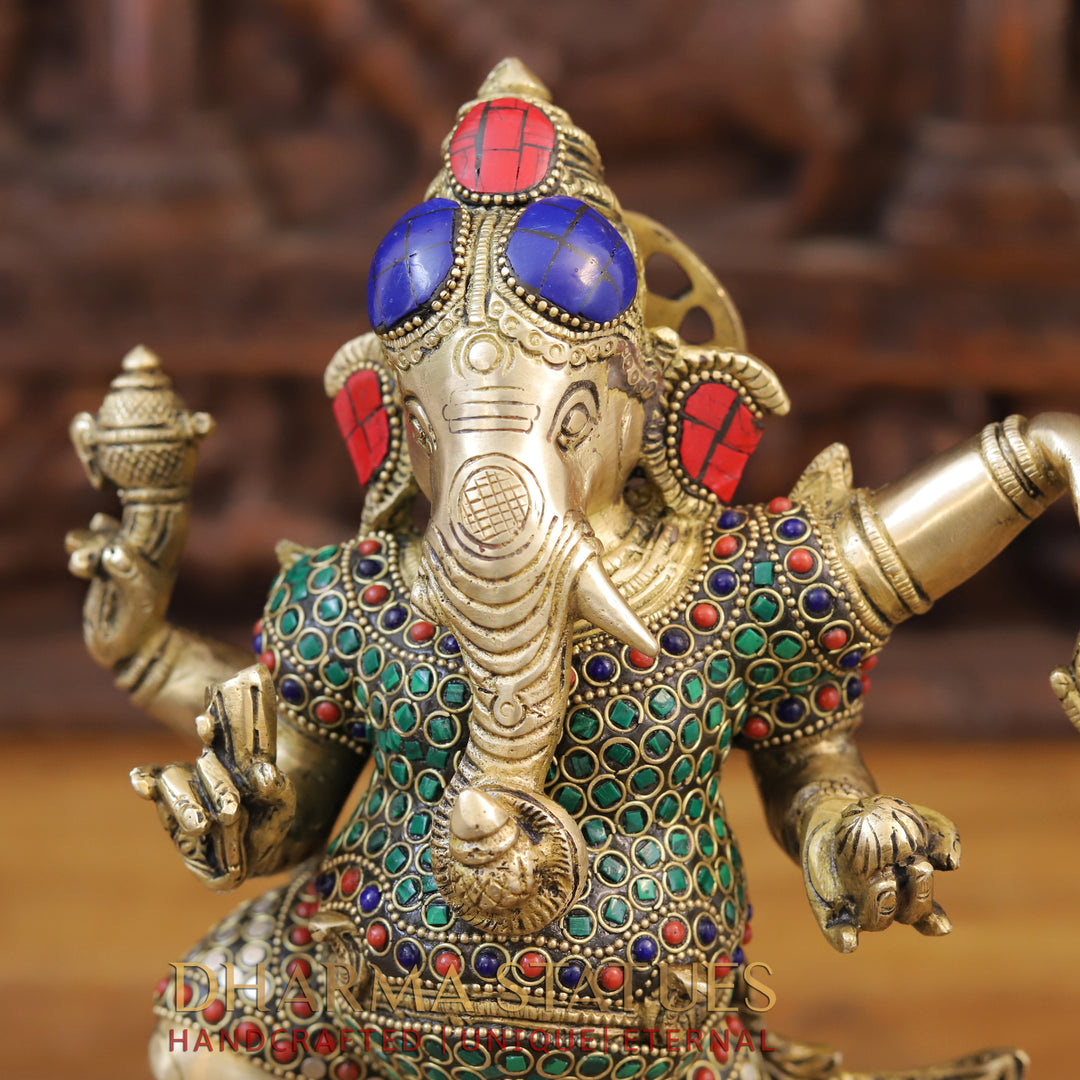 Brass Ganesh Dancing ,Golden & Stone work 13.5"