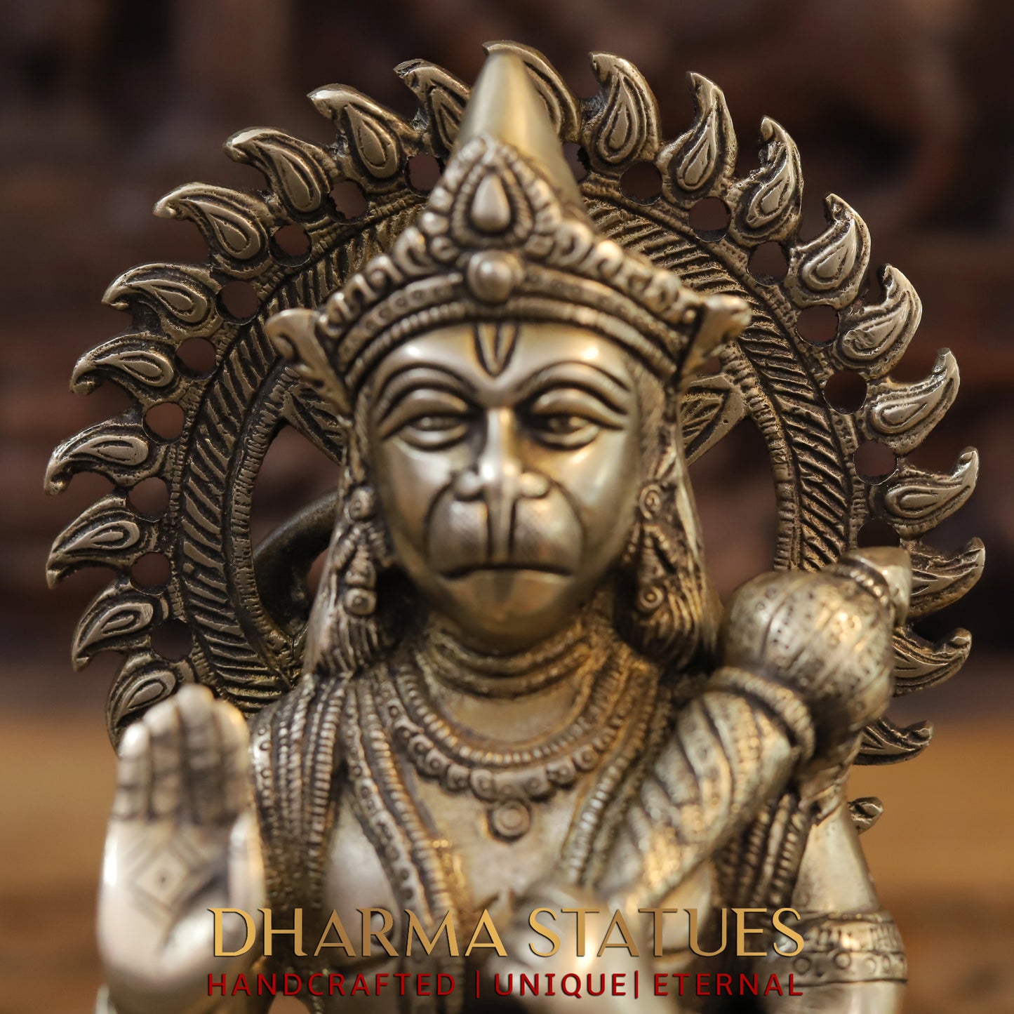 Brass Hanuman Statue, Seated in a Blessing Posture, Golden Finish, 10"