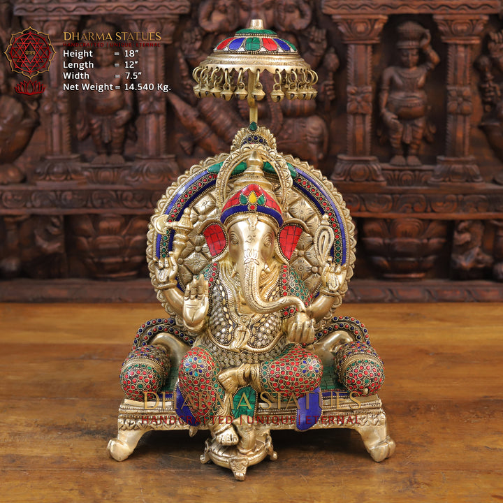 Brass Ganesh Statue, Seated on a Chowki, Stone & Golden Finish 18"