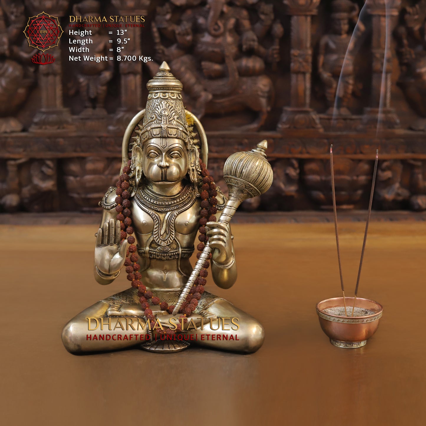 Brass Hanuman Statue, Seated in a Blessing Posture, Gold Finish, 13"