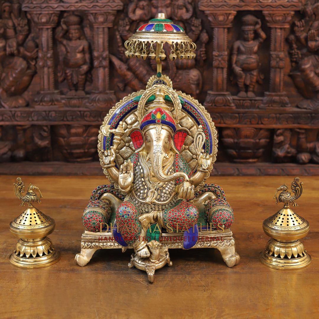 Brass Ganesh Statue, Seated on a Chowki, Stone & Golden Finish 18"