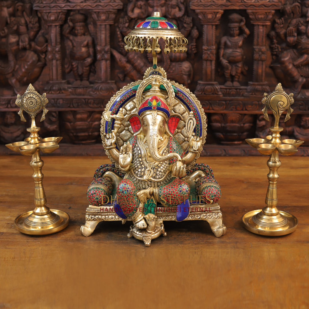 Brass Ganesh Statue, Seated on a Chowki, Stone & Golden Finish 18"