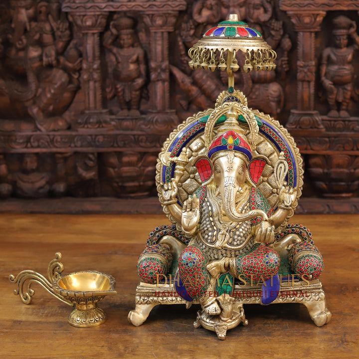 Brass Ganesh Statue, Seated on a Chowki, Stone & Golden Finish 18"