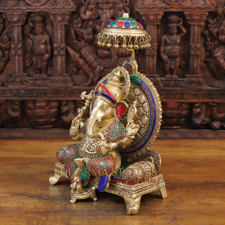 Brass Ganesh Statue, Seated on a Chowki, Stone & Golden Finish 18"