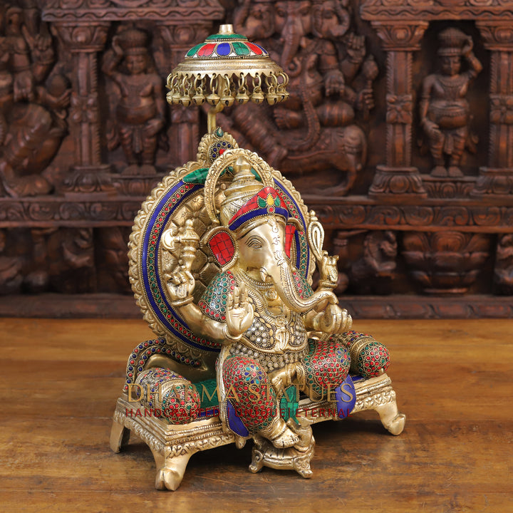 Brass Ganesh Statue, Seated on a Chowki, Stone & Golden Finish 18"