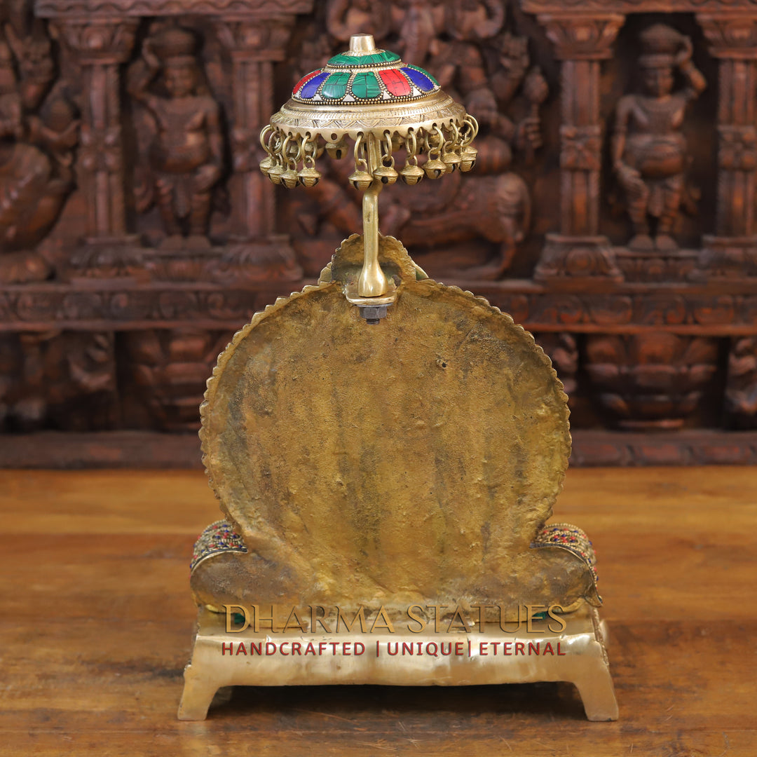 Brass Ganesh Statue, Seated on a Chowki, Stone & Golden Finish 18"