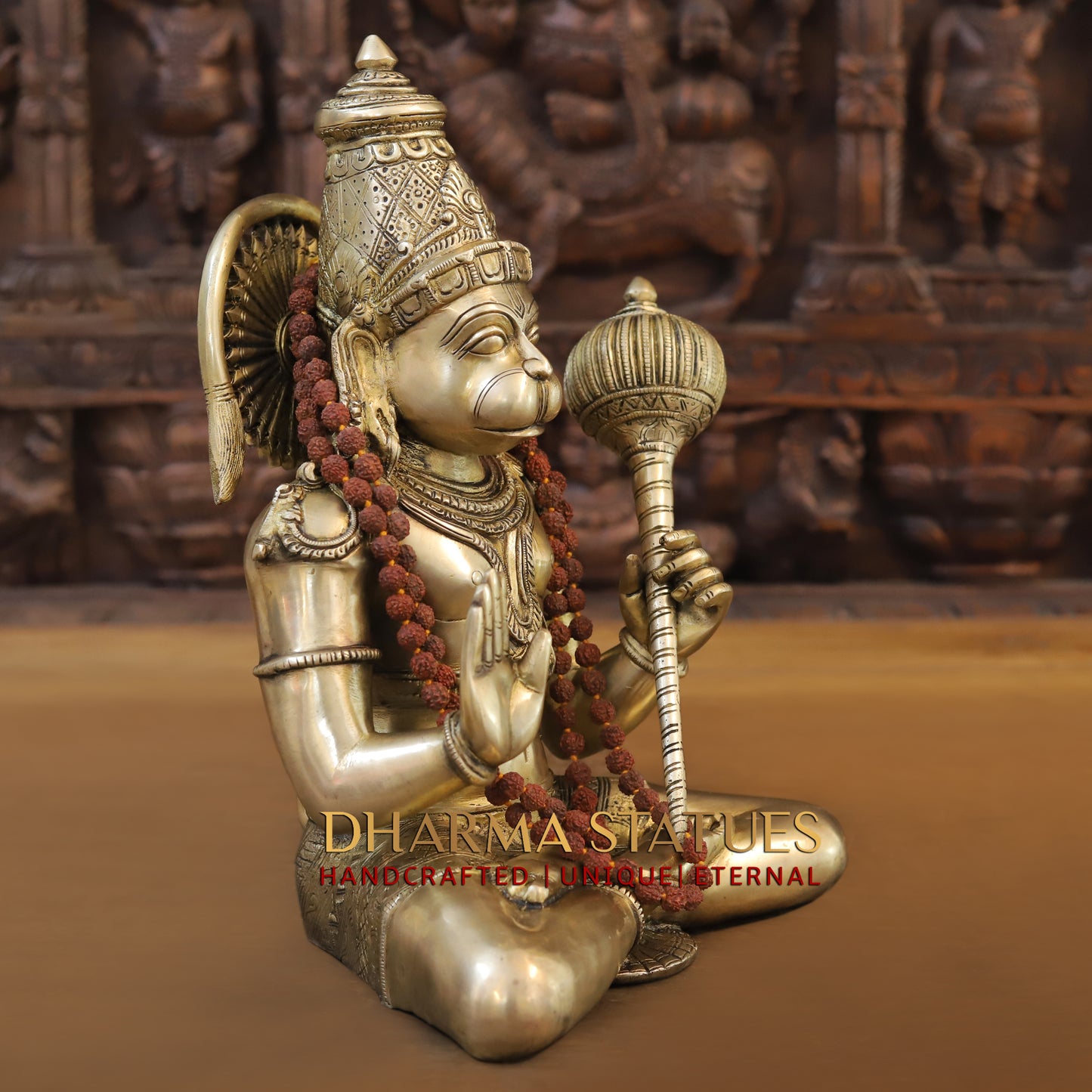 Brass Hanuman Statue, Seated in a Blessing Posture, Gold Finish, 13"